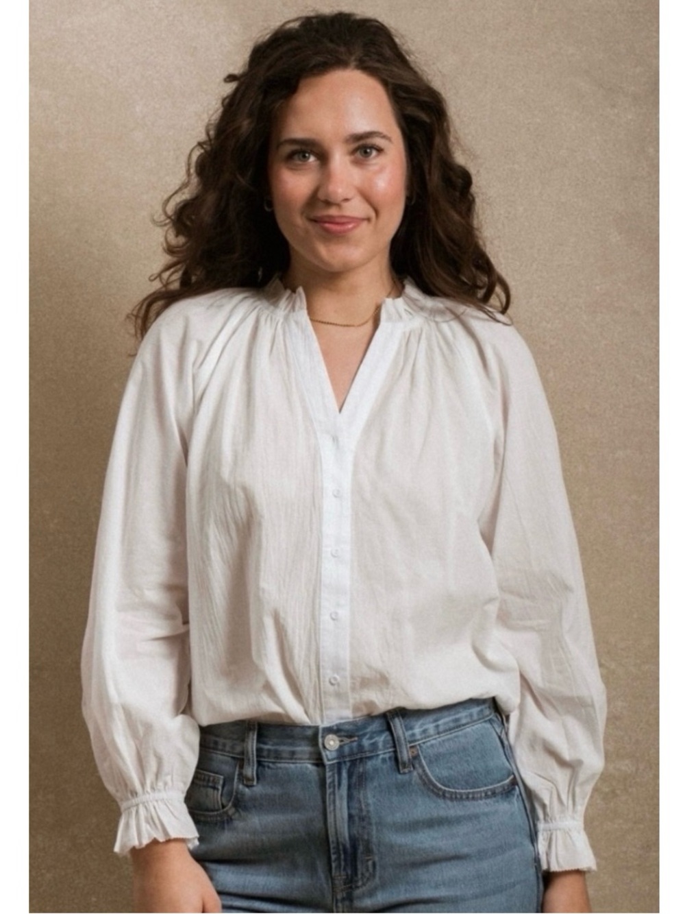Neuflora White Cotton Ruffle Buttondown Shirt XS